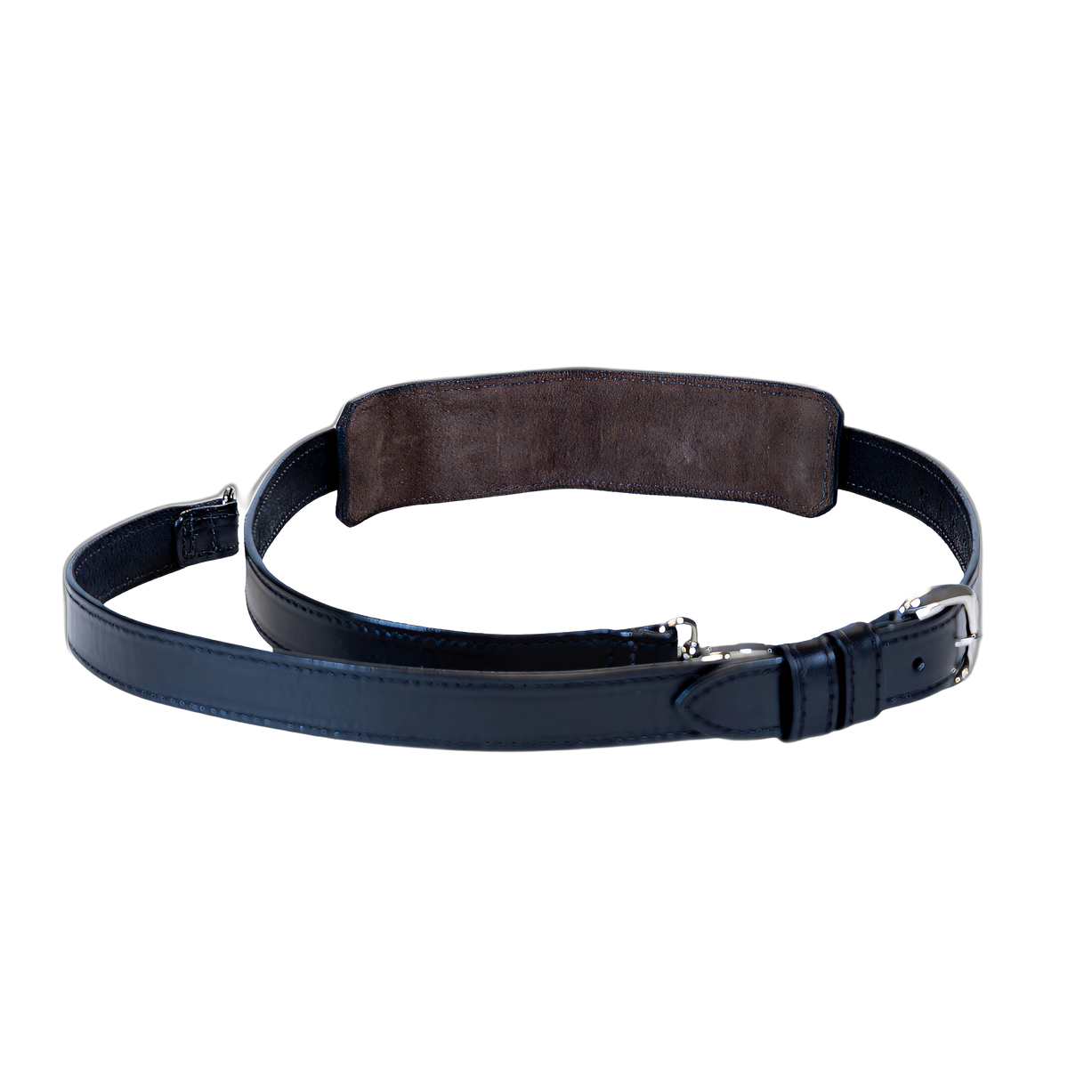 ZARGES Leather Shoulder Strap in black, coiled, with suede-lined shoulder pad and silver buckle