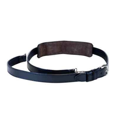 ZARGES Leather Shoulder Strap in black, coiled, with suede-lined shoulder pad and silver buckle