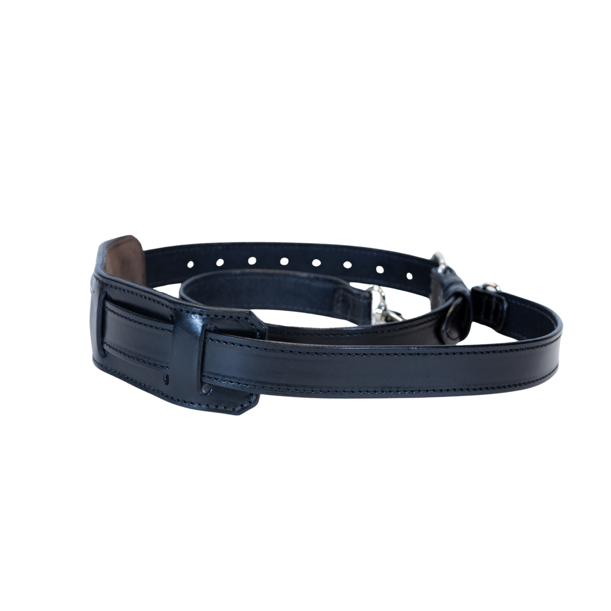 ZARGES Leather Shoulder Strap, black, side view of the padded shoulder piece and adjustment holes