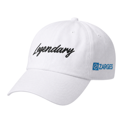ZARGES Legendary 47' Hat in white with black script Legendary and blue ZARGES side logo