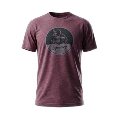 ZARGES Legendary Bear T-Shirt in heather maroon with circular bear-and-case Legendary graphic