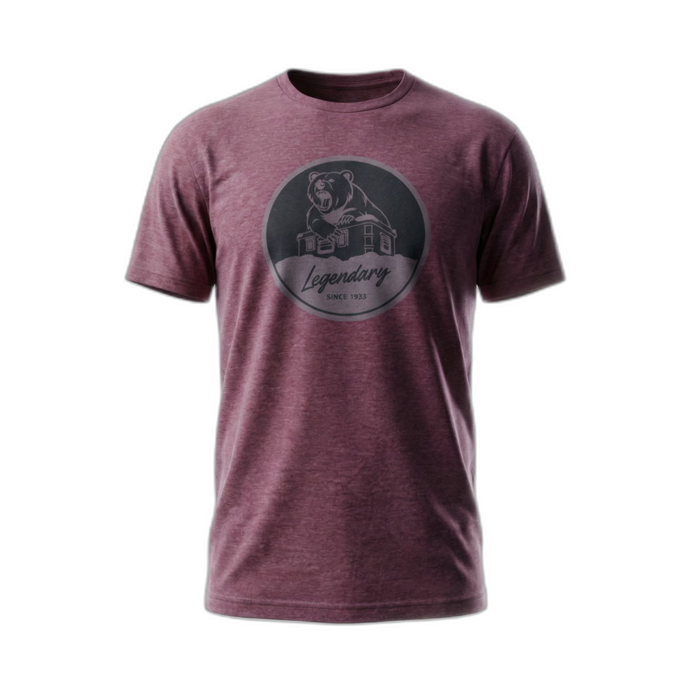 ZARGES Legendary Bear T-Shirt in heather maroon with circular bear-and-case Legendary graphic