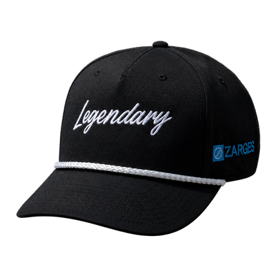 ZARGES Legendary Black Rope Hat, white Legendary script, white rope on the brim and blue ZARGES side logo