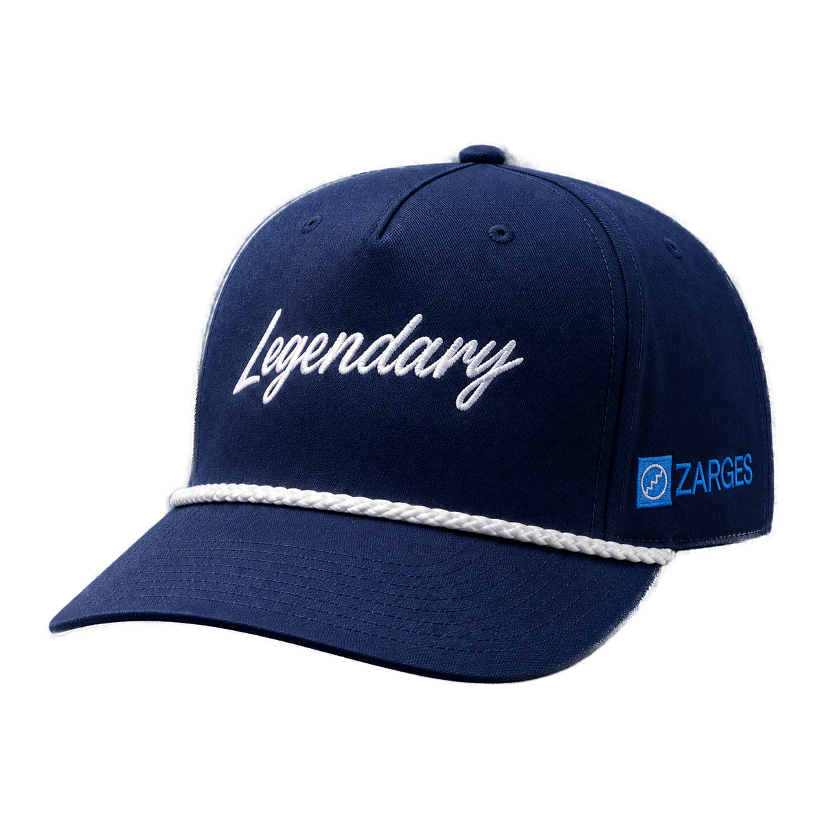 ZARGES Legendary Navy Blue Rope Hat, front three-quarter view with white script and white rope