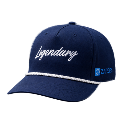 ZARGES Legendary Navy Blue Rope Hat, front three-quarter view with white script and white rope