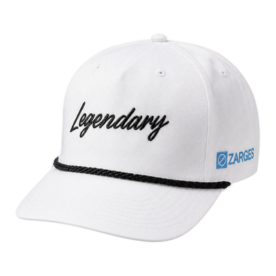ZARGES Legendary White Rope Hat, white cap with black script Legendary, black rope and side ZARGES logo