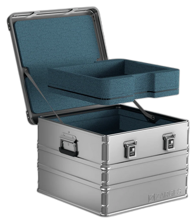 ZARGES Lift Foil F-Series 2 Battery Case open, teal foam lid lining and a removable foam tray lifted above