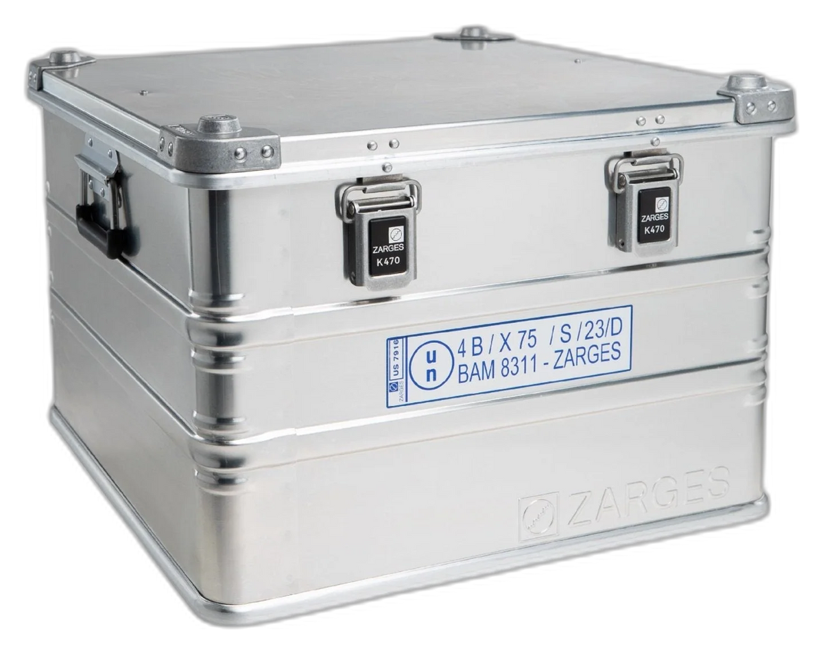 ZARGES Lift Foil F-Series 2 Battery Case, closed, with blue-and-white marking label on the front