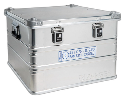ZARGES Lift Foil F-Series 2 Battery Case, closed, with blue-and-white marking label on the front