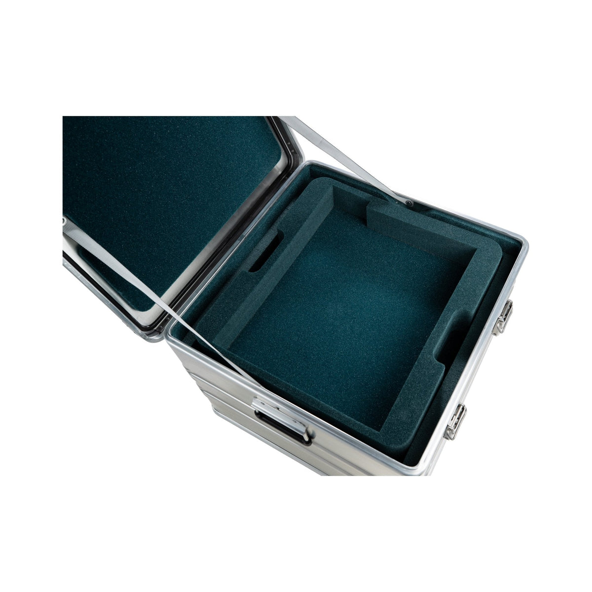 ZARGES Lift Foil F-Series 2 Battery Case from above, open to show the teal foam tray with two cradles