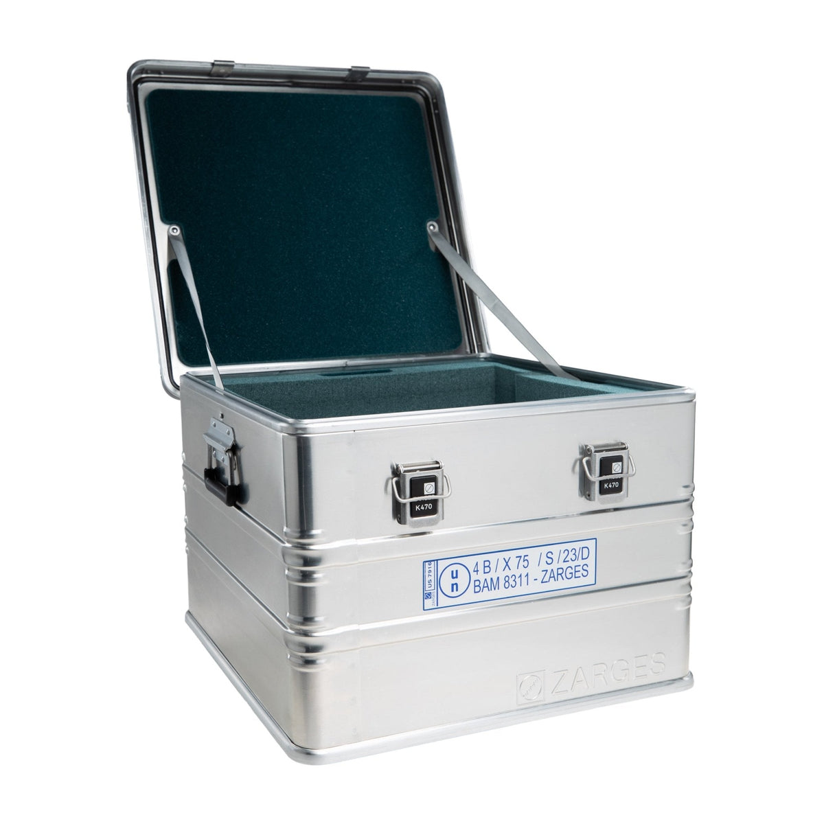 ZARGES Lift Foil F-Series 2 Battery Case with lid open, teal foam lining the lid and interior