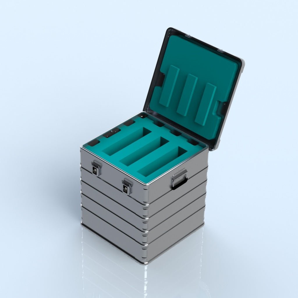 ZARGES Lift Foil F-Series 3 Battery Case rendering with teal foam insert holding three batteries
