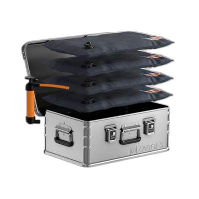 ZARGES Medium Pistol & Gear Case open with four stacked inflatable panels and an orange hand pump