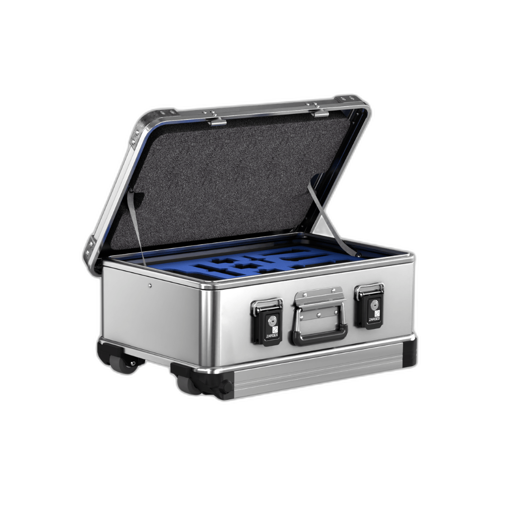 ZARGES Mobile Drone Case-DJI Mavic 3/Pro with lid open, gray foam lid and blue cut foam insert