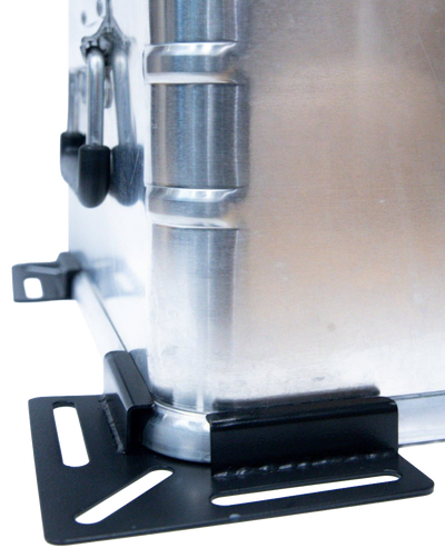 Close-up of a black ZARGES Mounting Bracket fitted under the bottom corner of an aluminum case