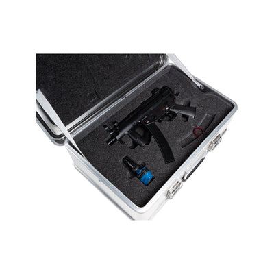 Close view of an MP5K seated in the cut black foam of an open ZARGES MP5K Case