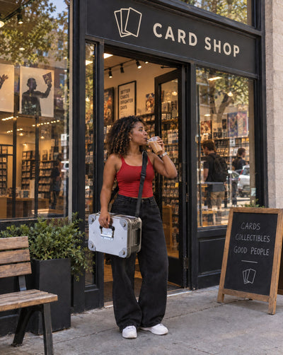 ZARGES NOMAD card collector case in use: in front of card shop