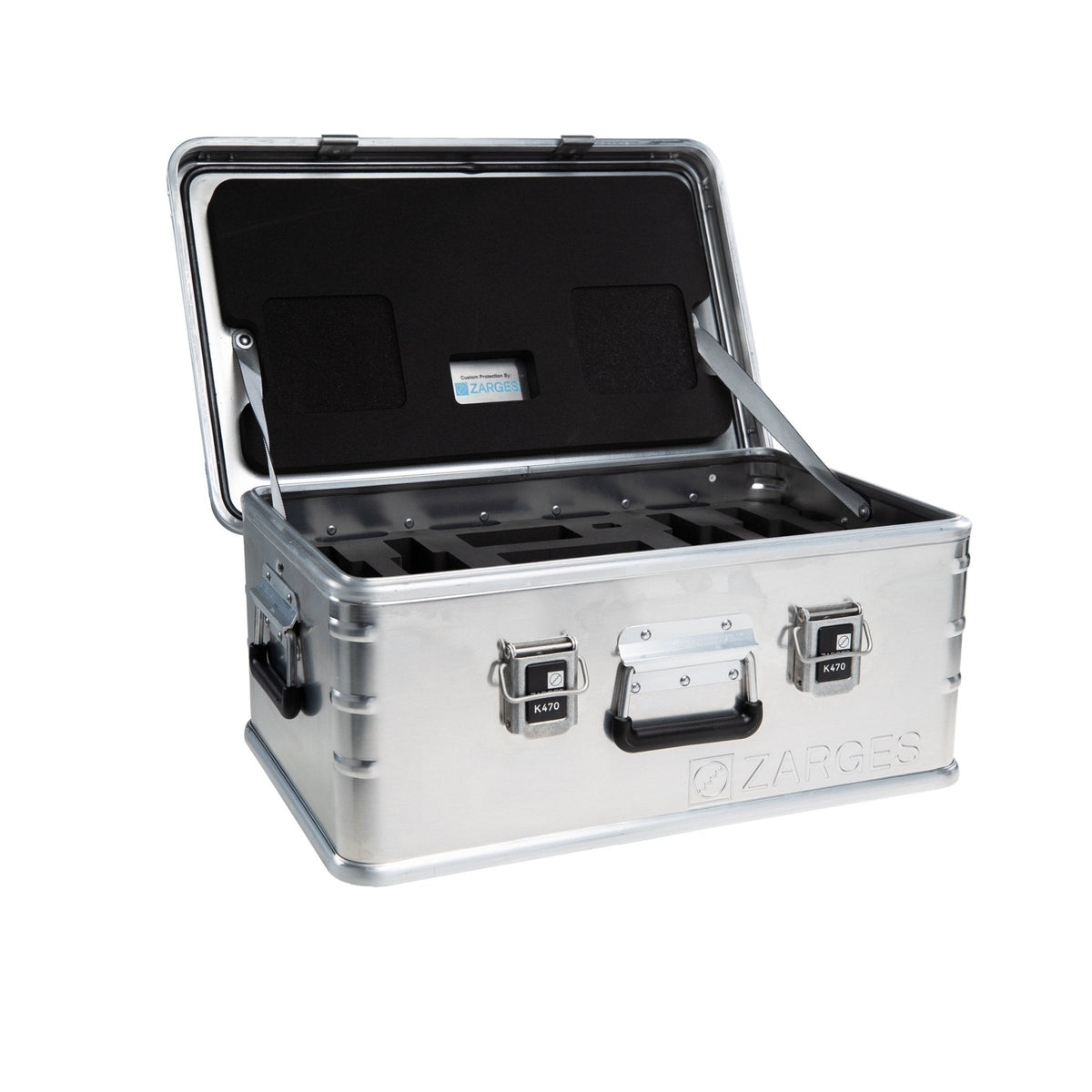 ZARGES PistolPak Case with lid open, foam-lined lid and cut-foam pistol slots