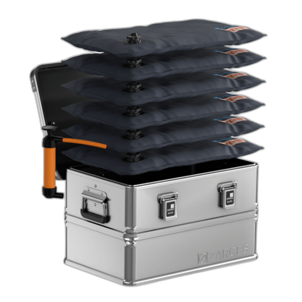 ZARGES Small 5-Layer KOR Kit, stacked inflatable cushions and orange hand pump above an open K470 case