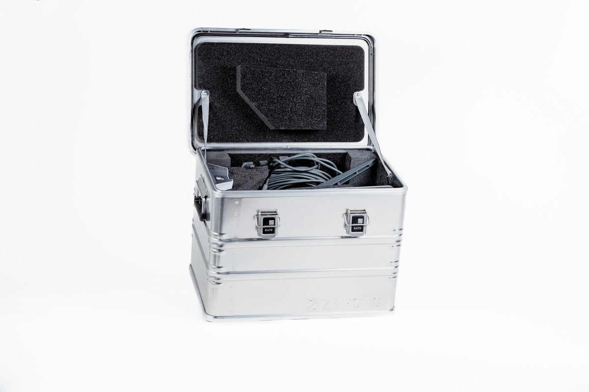 ZARGES Starlink Small Shuttle Case with lid open, packed Starlink kit in black foam