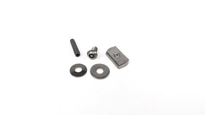 ZARGES Tamper-Resistant Mounting Hardware laid out: key pin, button-head bolt, two washers and channel nut