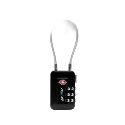 ZARGES TSA Lock, black body with TSA indicator and three combination dials, angled front view