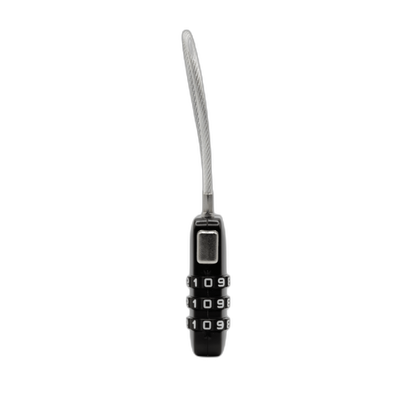 ZARGES TSA Lock, side view of the black three-dial combination body and steel cable shackle
