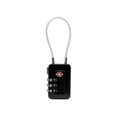 ZARGES TSA Lock, front view with red TSA diamond indicator, three dials and cable loop