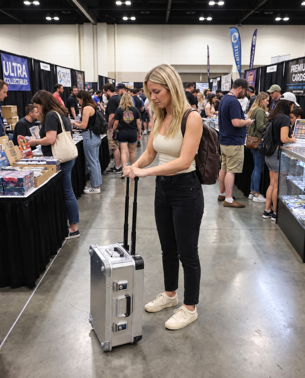 ZARGES VOYAGER card collector case in use: in a card expo handle out