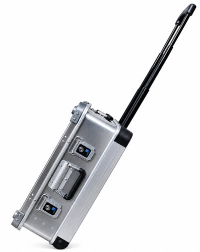 ZARGES VOYAGER Open Edition tilted on its wheels with the telescoping handle fully extended, side view