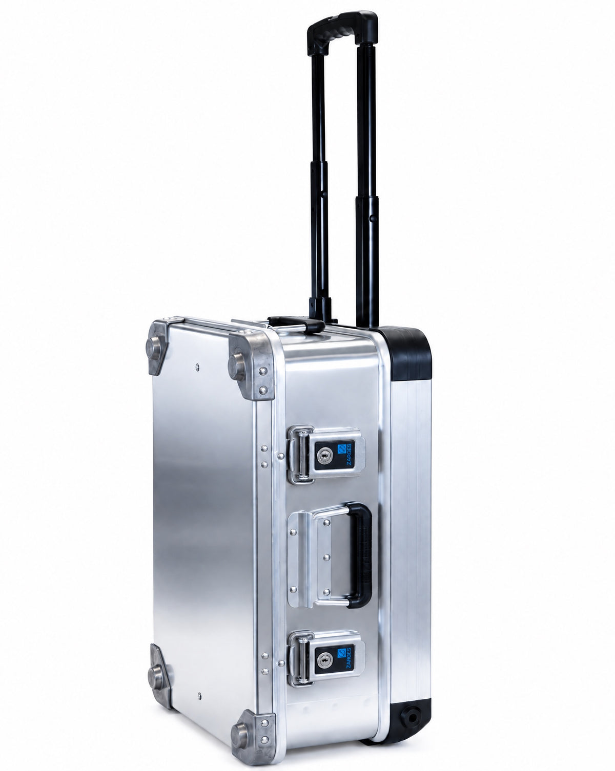ZARGES VOYAGER Open Edition standing upright, three-quarter view with telescoping handle raised