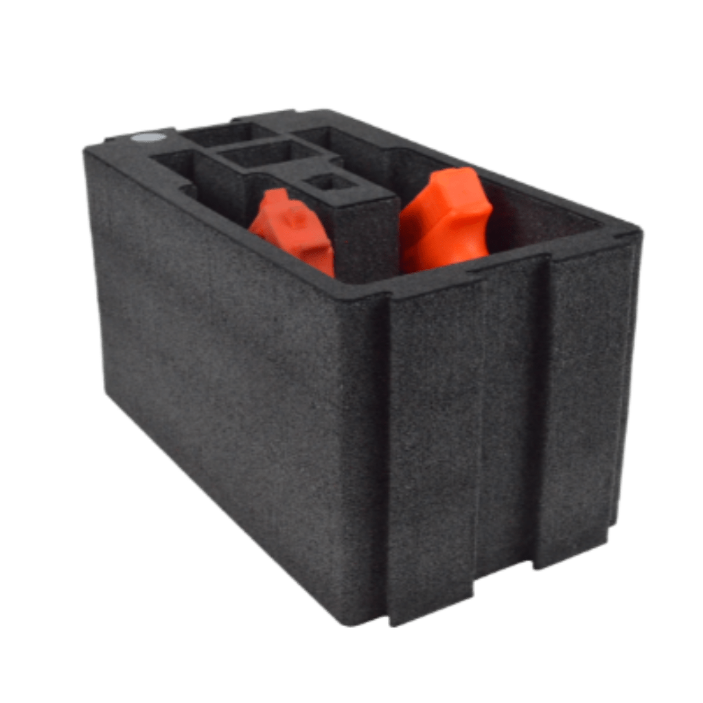 ZARGES Chameleon Module - Double Pistol on its side, two orange inserts seated in the foam cutouts