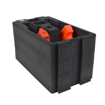 ZARGES Chameleon Module - Double Pistol on its side, two orange inserts seated in the foam cutouts