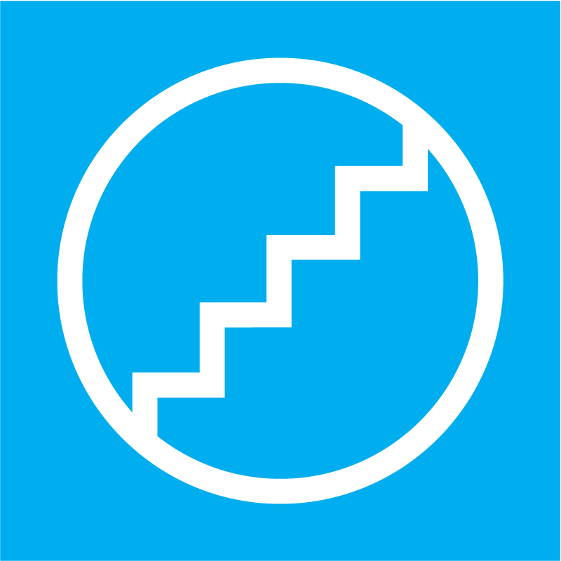 ZARGES Foam Installation icon, white stair-step symbol inside a circle on a blue square