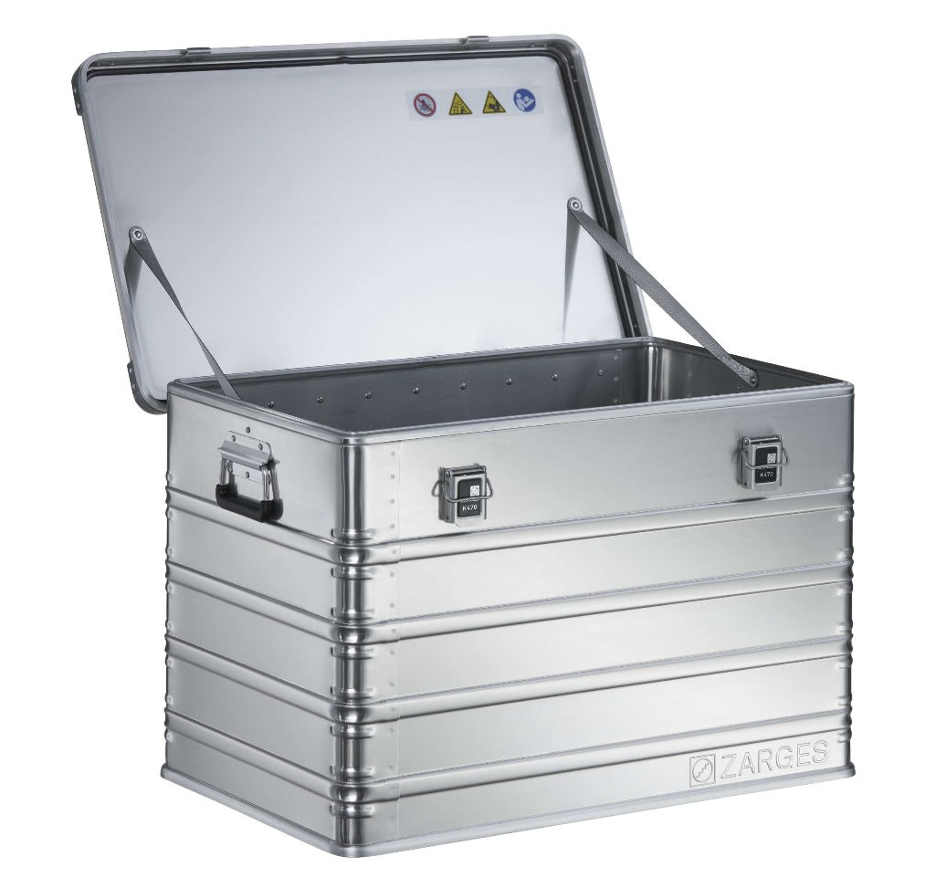 ZARGES K470-40844 case with lid open, empty interior and lid stays