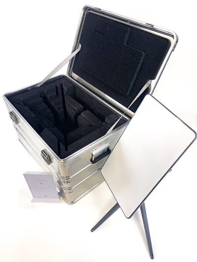 ZARGES Starlink Shuttle Case open to its cut-foam compartments, Starlink dish on its stand alongside